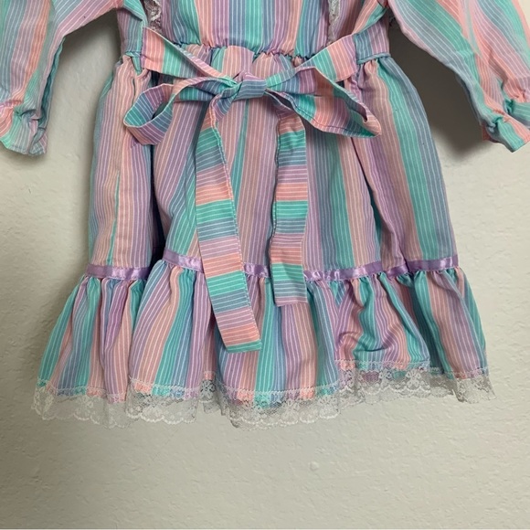 Vintage Toddler Girl Rainbow Stripe Dress 2T Lace Buttons Ribbon Kawaii Bow Cute - Picture 5 of 15